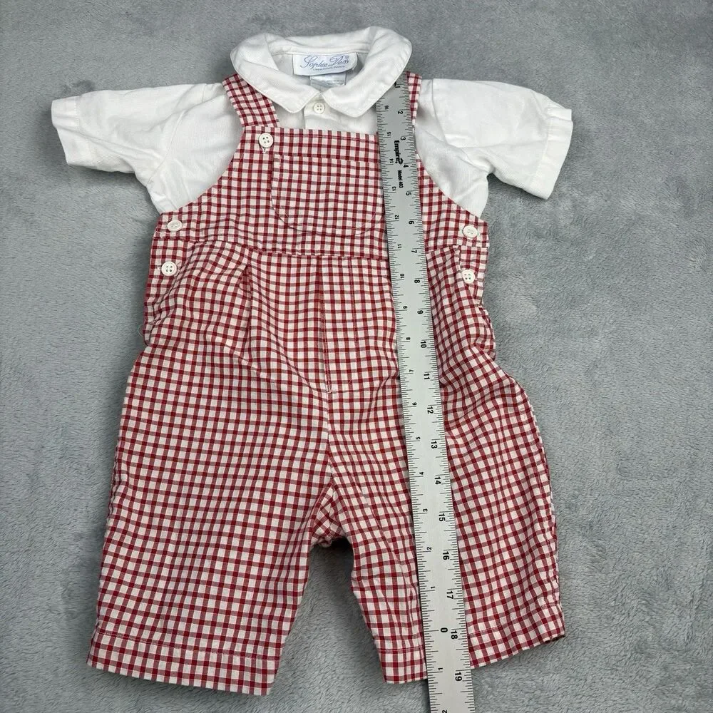 Vintage Sophie Dess Baby Boy  2 pc Romper 18M Red Check White Shirt Classic